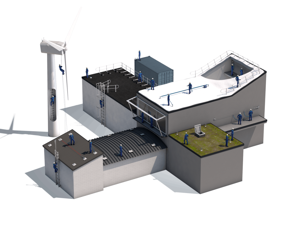 3D rendering showing multiple fall protection systems including roof anchors, horizontal lifelines, ladders, and guardrails on a commercial building